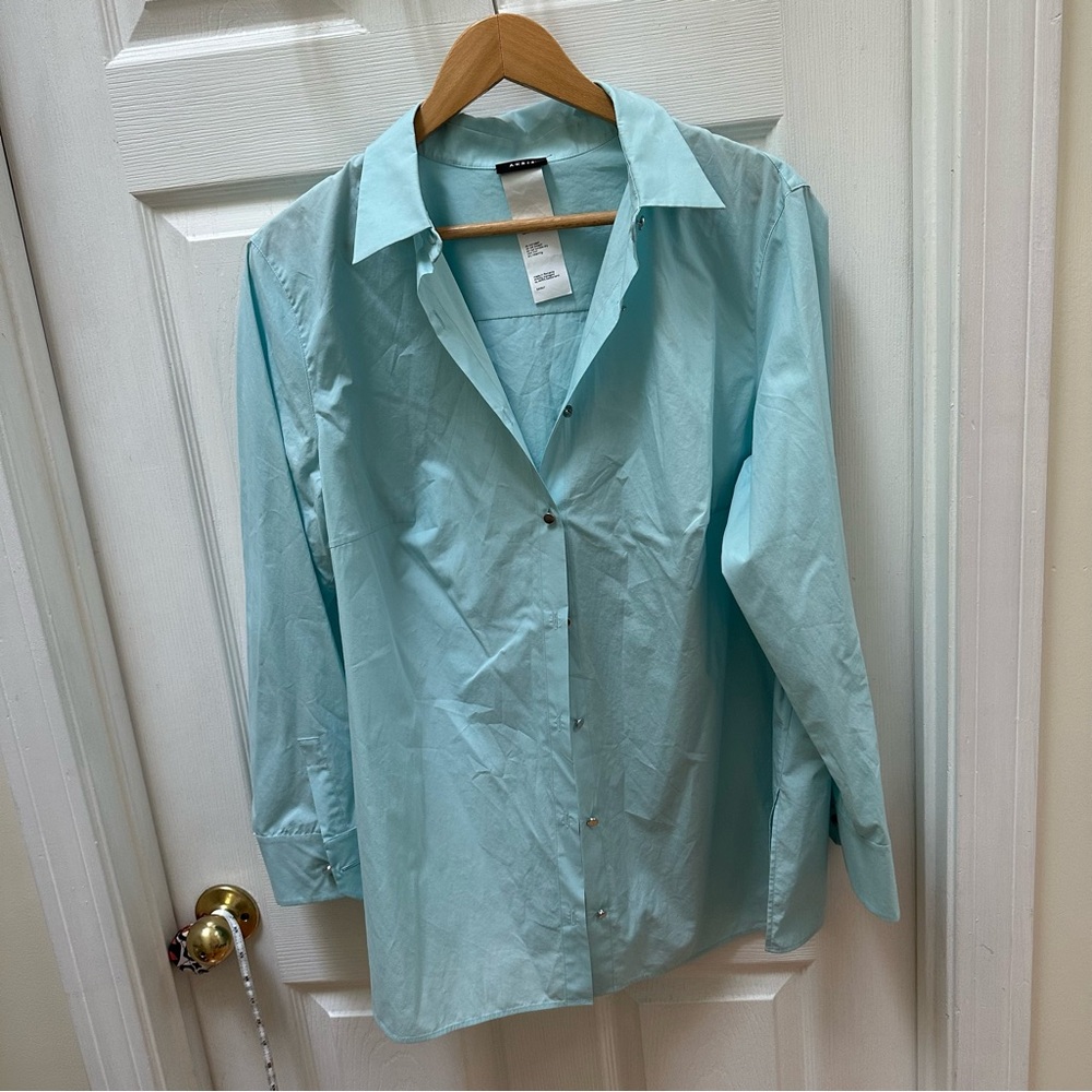 Akris Aqua Blue Cotton button down shirt top Blouse 16